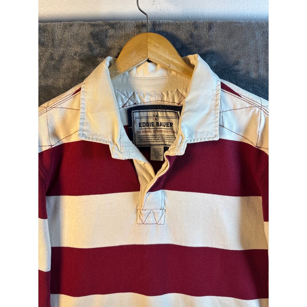 VTG 90s Eddie Bauer Maroon & White Striped Long Sleeve Rugby Shirt Men’s XLT - Picture 7 of 10